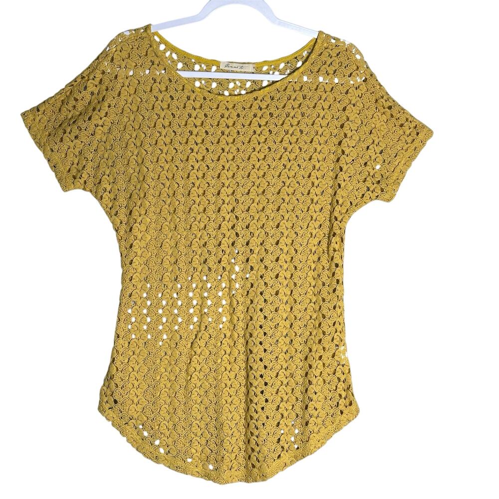 Comme Toi Sz M Sunny Yellow Open Crochet Knit Short Sleeve‎ Top Boho Lightweight